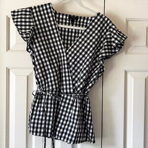 J. Crew Faux Wrap Black & White Gingham Top with tie at waist size L